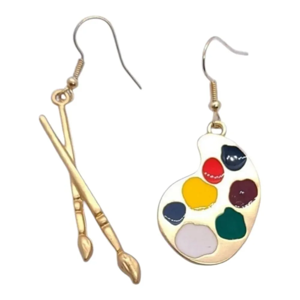 Artist Paint Palette Brush Earrings Mismatched Dangle Teacher Art Jewelry NWT
